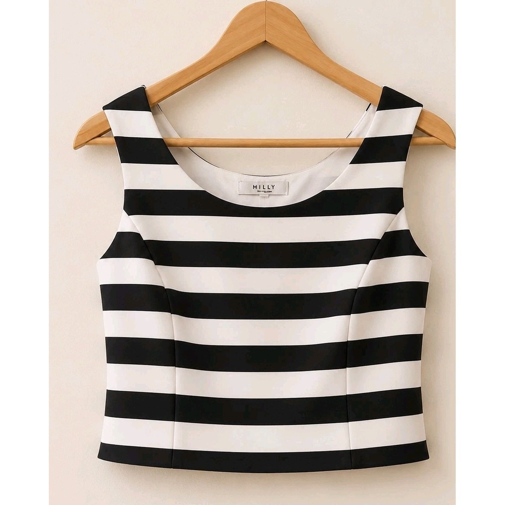 Milly Black White Striped Crop Top Wide Scoop Neck Sleeveless Designer